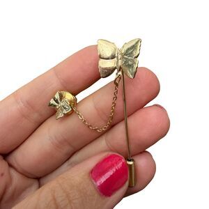Vintage Jewelry Gold Tone Butterfly Stick Pin with chain double butterfly brooch